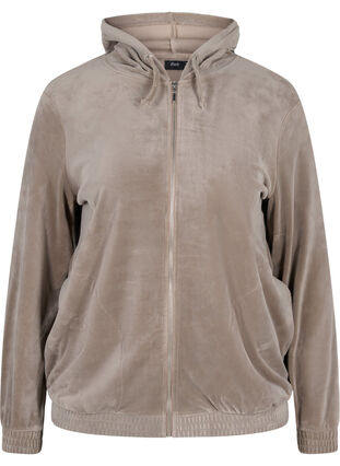 Velour cardigan with zip and hood, Taupe Gray, Packshot image number 0