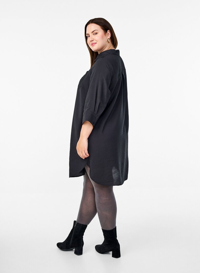Short dress with collar and chest pocket, Black, Model image number 2