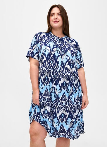 Short-sleeved viscose dress with print, Blue Ethnic AOP, Model image number 0