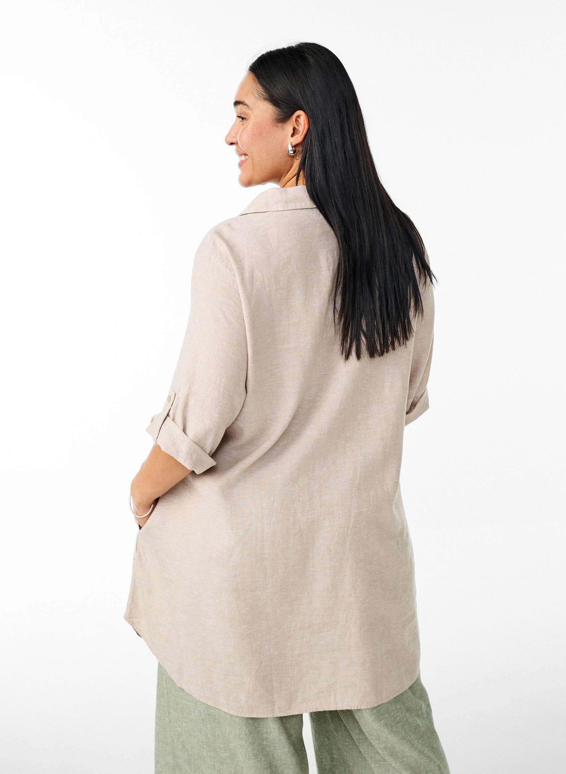 ZizzifashionLinen and viscose tunic with A-shape, Beige, Model image number 2