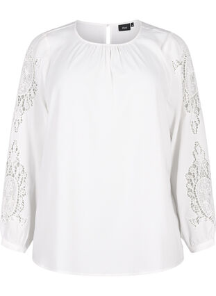 Long sleeve blouse with crochet details, Bright White, Packshot image number 0
