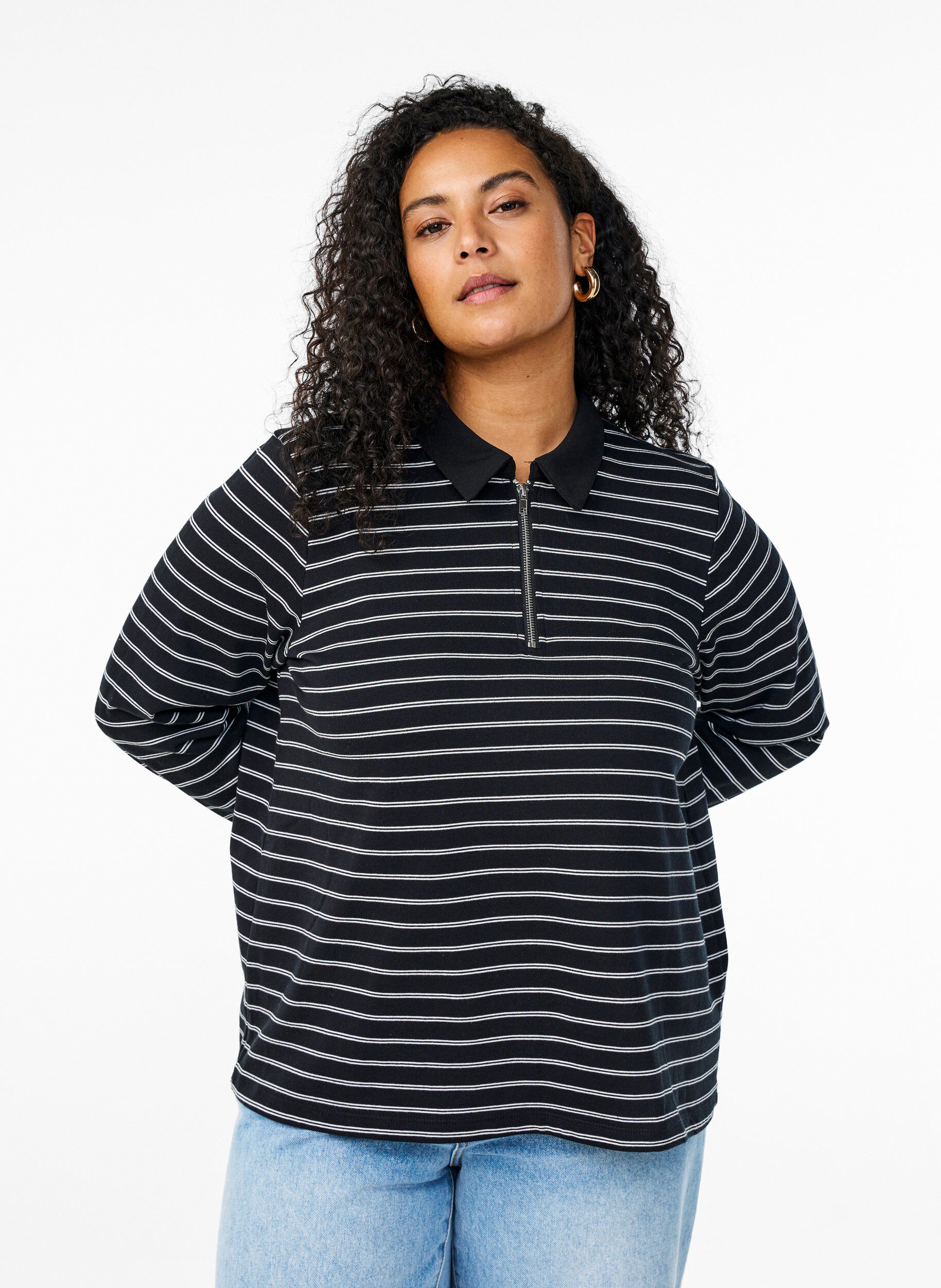 Zizzifashion Striped polo shirt with zipper, Black, Model image number 0