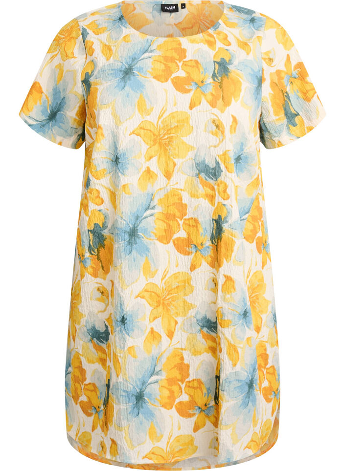 Short dress with a crinkled texture and short sleeves, Yellow, Packshot image number 0