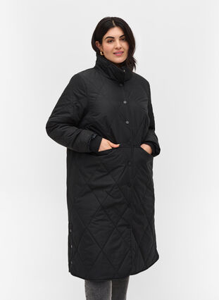 Long quilted high-neck jacket with pockets, Black, Model image number 0