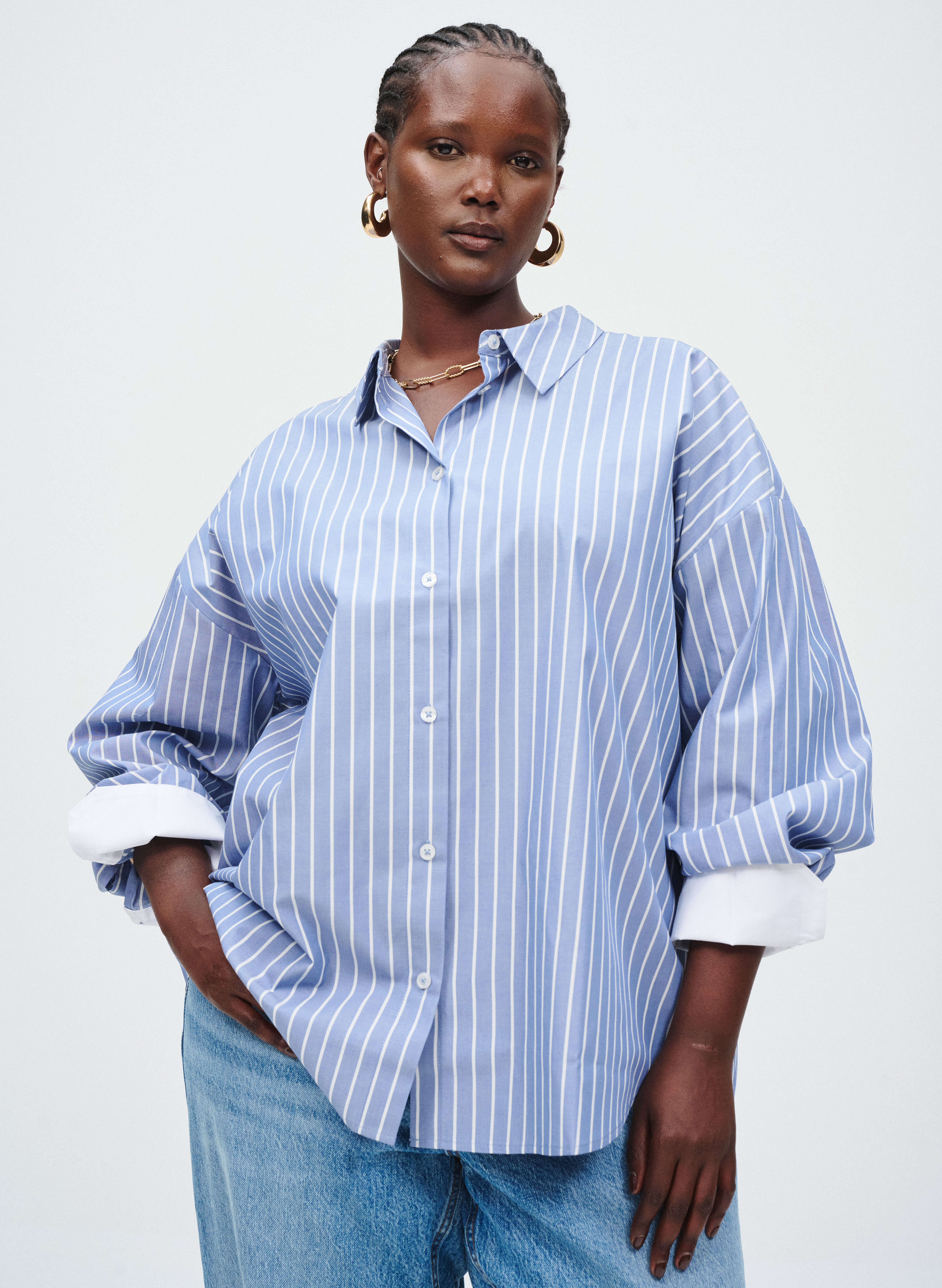 Blue shirt with stripes, , Model