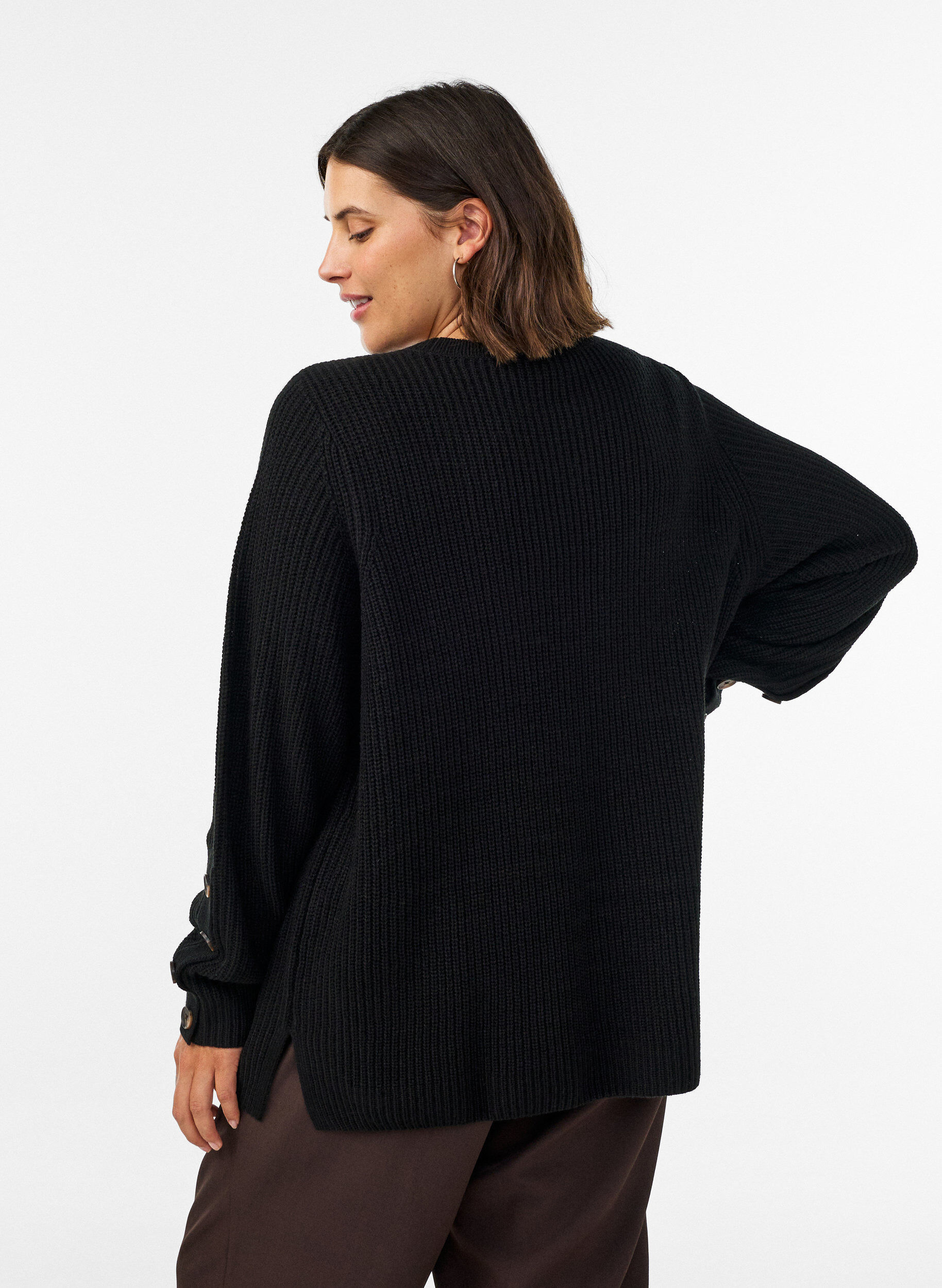 ZizzifashionKnitted blouse with ribbed texture and button details, Black, Model image number 2