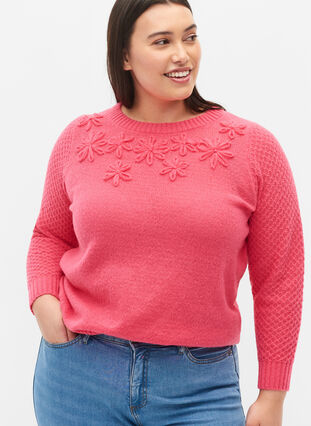 Knitted jumper with flower details, Hot Pink, Model image number 2