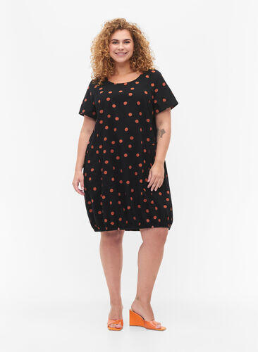 Short-sleeved, printed cotton dress, Black/Brown Dot, Model image number 2
