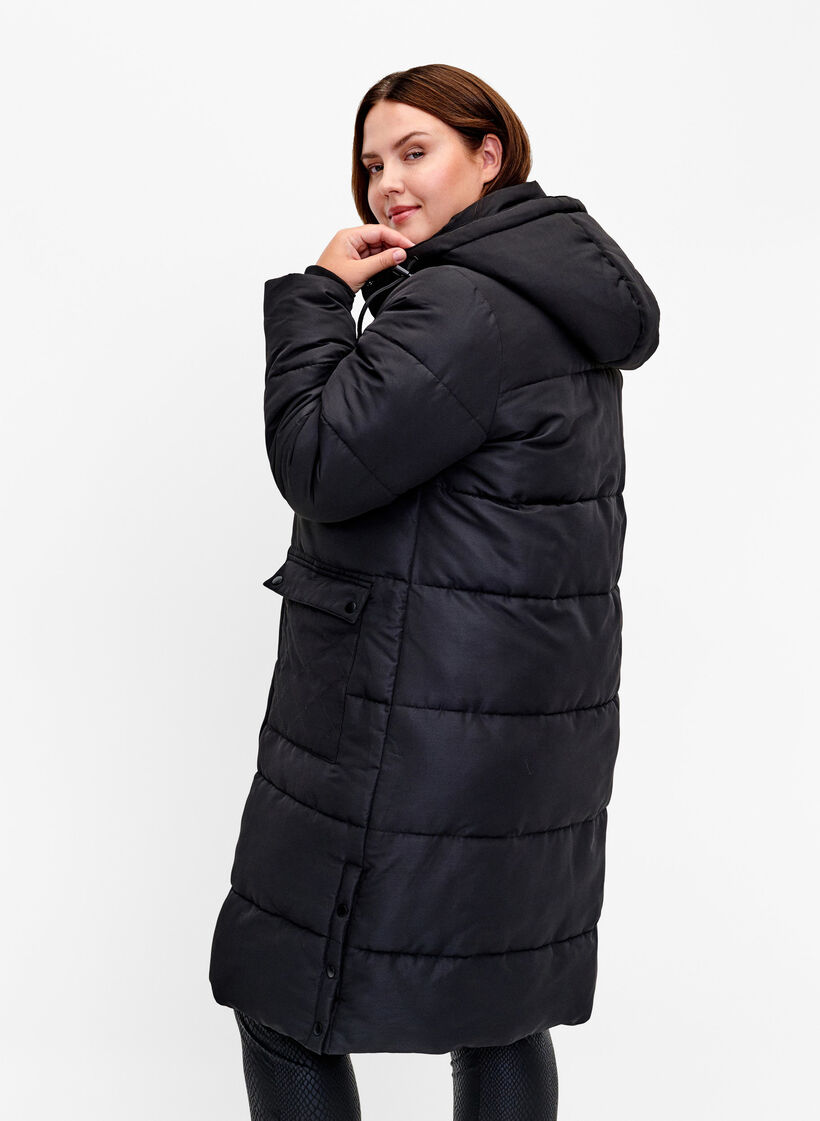 Long puffer jacket with pockets and hood, Black, Model image number 2