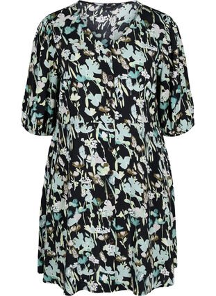 Dress with buttons and 3/4 sleeves, Black Green AOP, Packshot image number 0