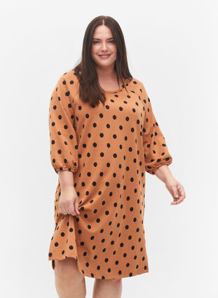 Polka dot dress with 3/4 sleeves, Almond Black Dot, Model image number 0