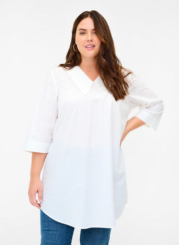Cotton tunic with large collar, Bright White, Model image number 0