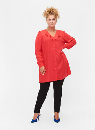 Viscose tunic with ruffle collar, Hibiscus, Model image number 2
