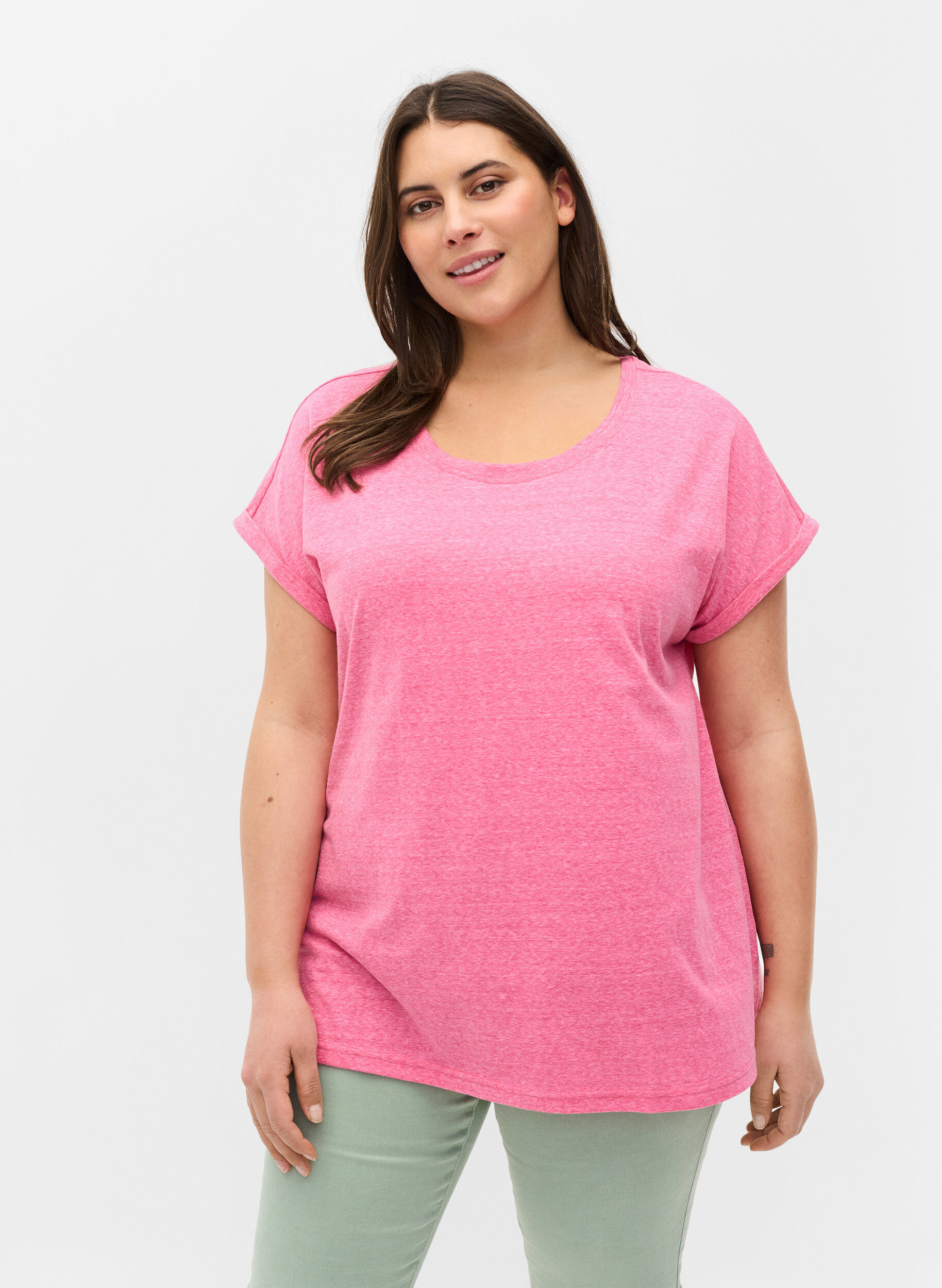 Zizzifashion Marled cotton t-shirt, Fandango Pink M&eacute;l, Model image number 0