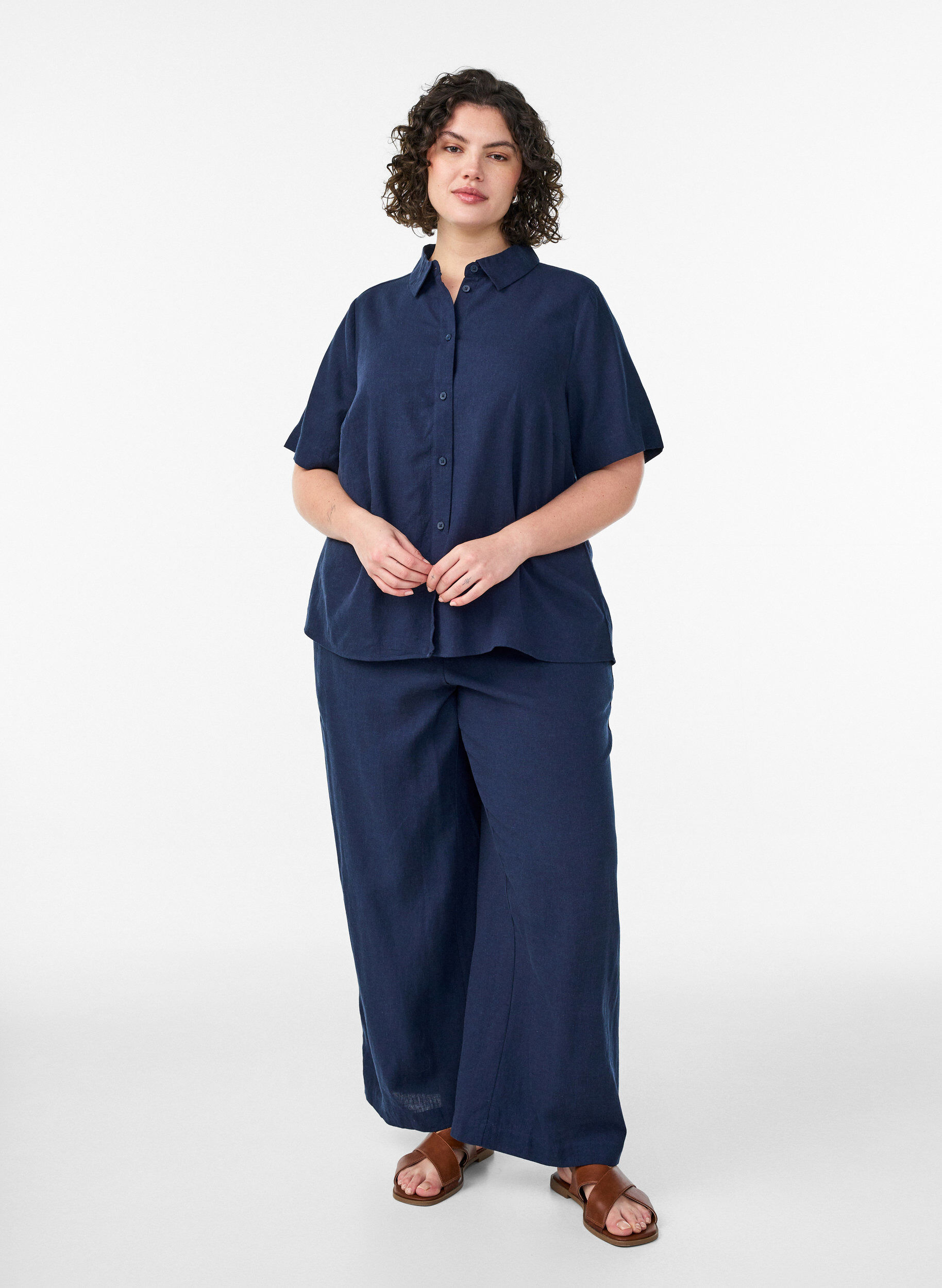Zizzifashion Wide-leg linen and viscose trousers, Blue, Model image number 0
