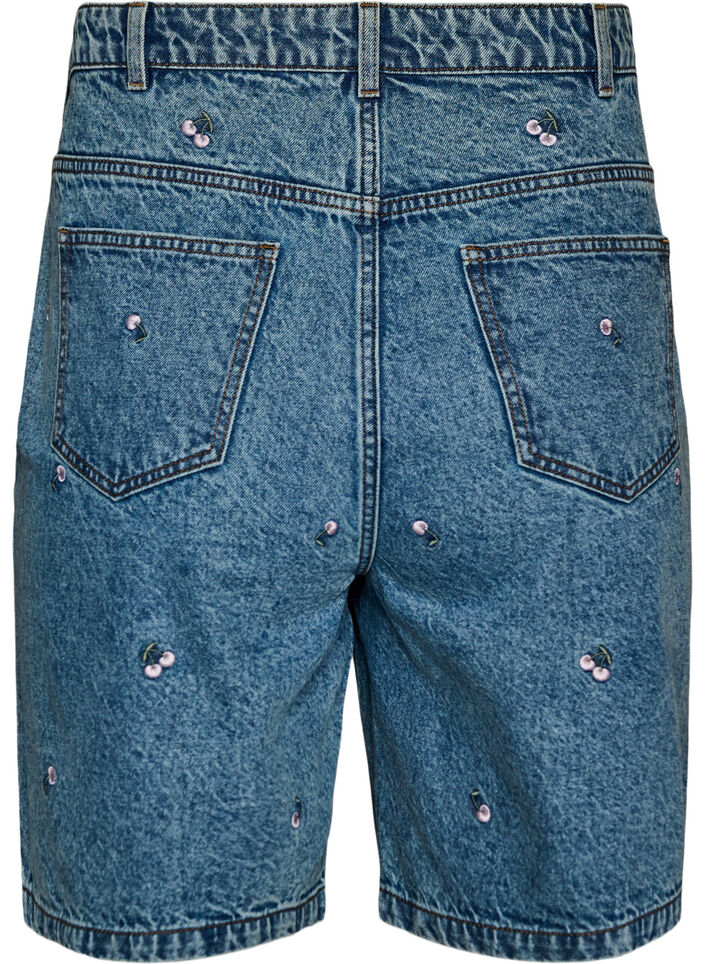 High-waisted denim shorts with embroidered motifs, Blue, Packshot image number 1