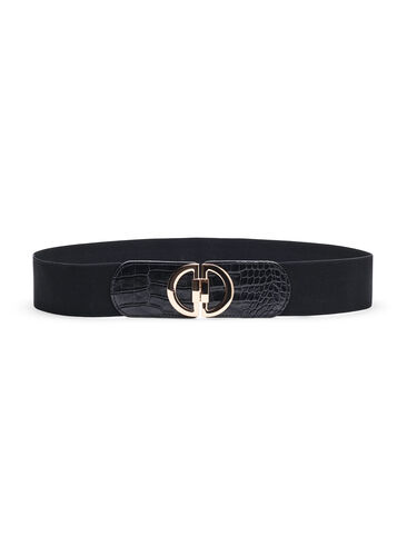 Elastic waist belt with gold-colored buckle, Black, Packshot image number 0