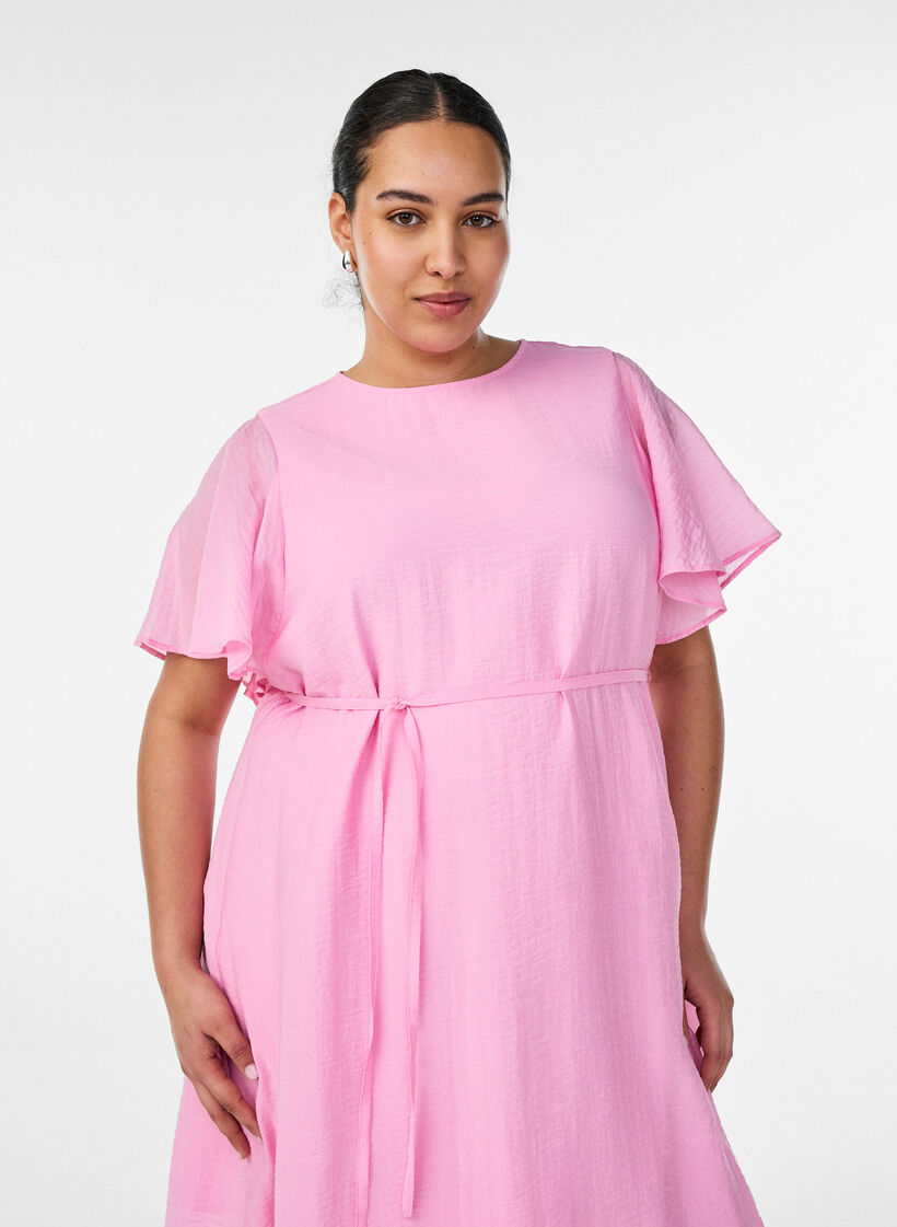 Ankle-length dress with flutter sleeves and tie-waist, Pink, Model image number 2