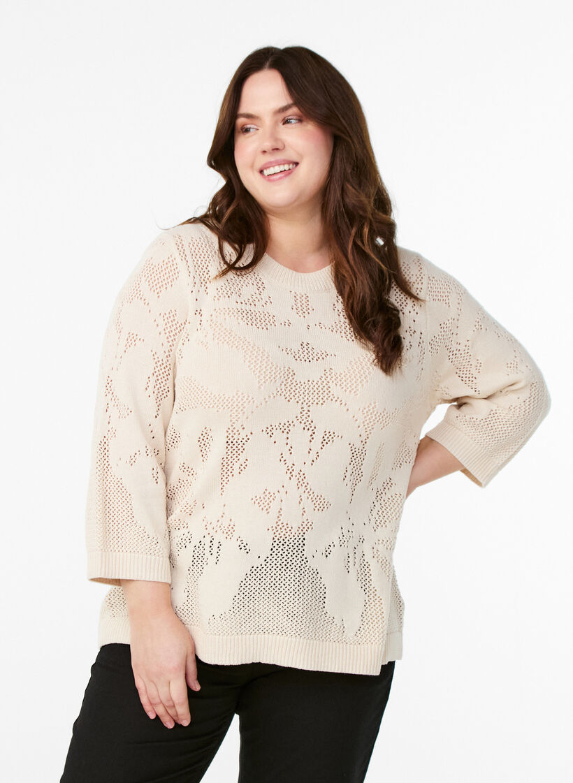 Knit blouse with an openwork pattern and 3/4 sleeves, Birch, Model image number 0