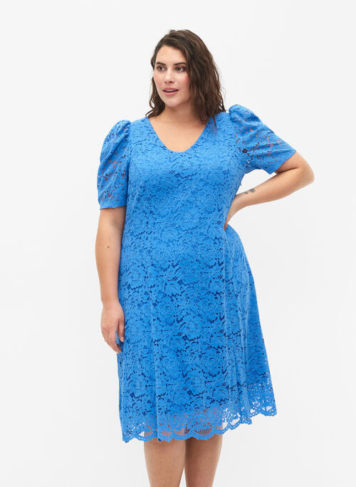 	 Lace dress with puff sleeves and v-neck, Regatta, Model