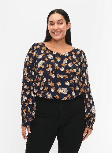 FLASH - Long sleeved blouse with smock and print, Navy Brown Flower, Model image number 0