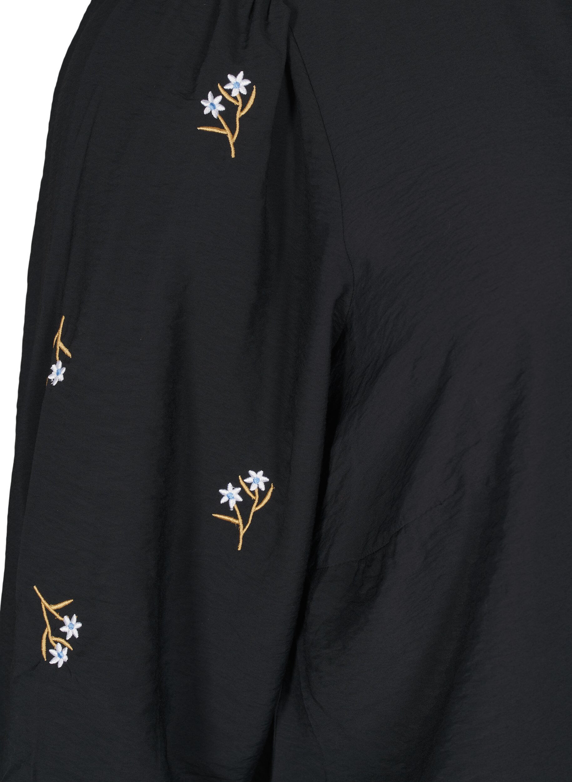Zizzifashion Blouse with 3/4 sleeves and floral embroidery, Black, Packshot image number 3
