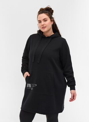 Sweater dress with a hood and pocket, Black, Model image number 0