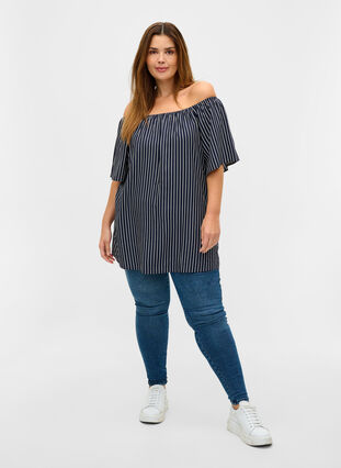 Short-sleeved striped viscose blouse, Blue White stripe, Model image number 2