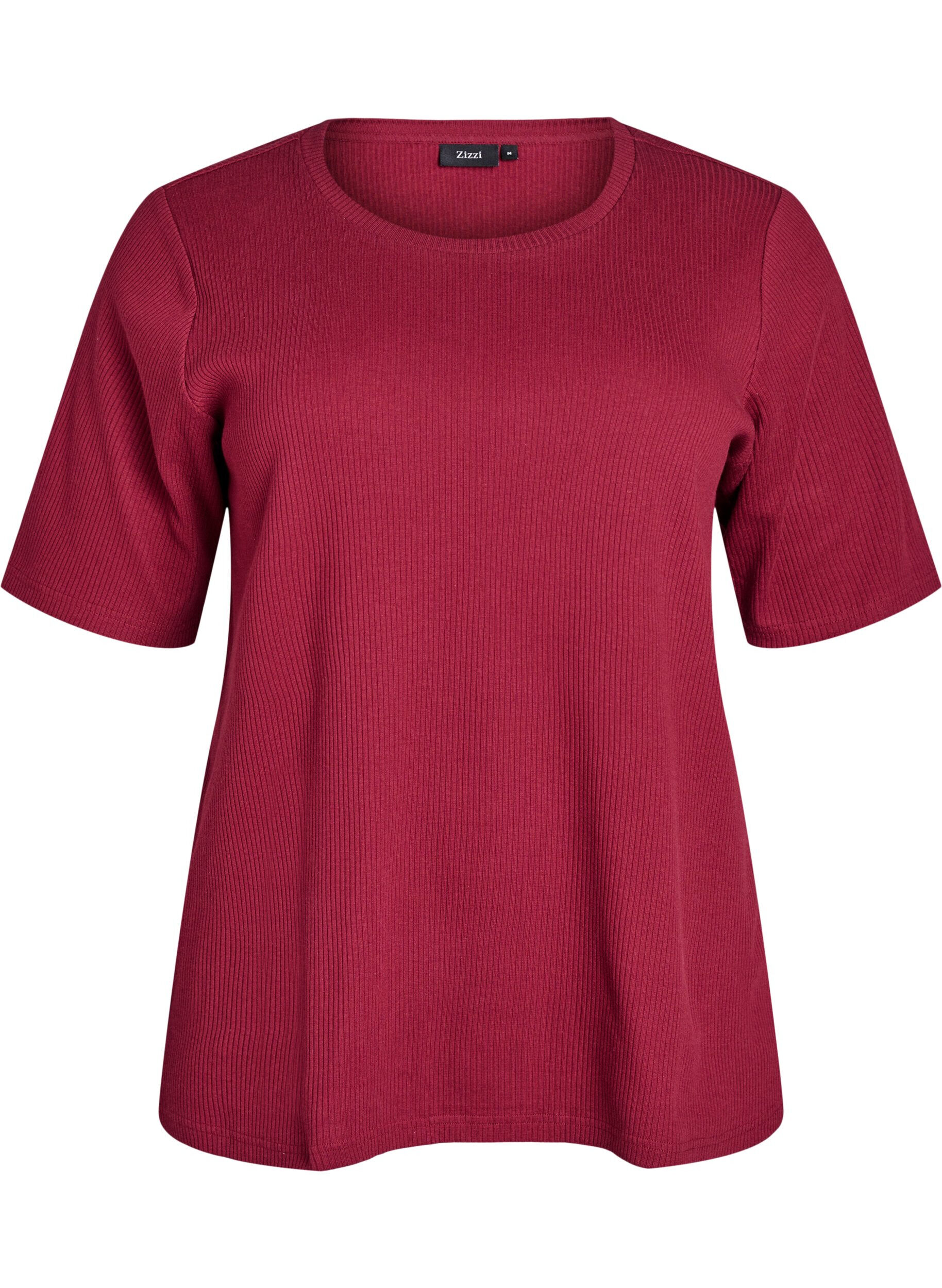 Zizzifashion Ribbed jersey blouse with short sleeves, Dark Bordeaux, Packshot image number 0