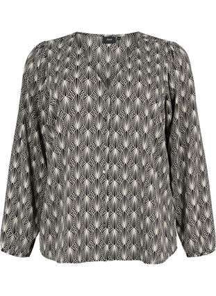 Shirt blouse with v-neck and print, Birch Graphic AOP, Packshot image number 0