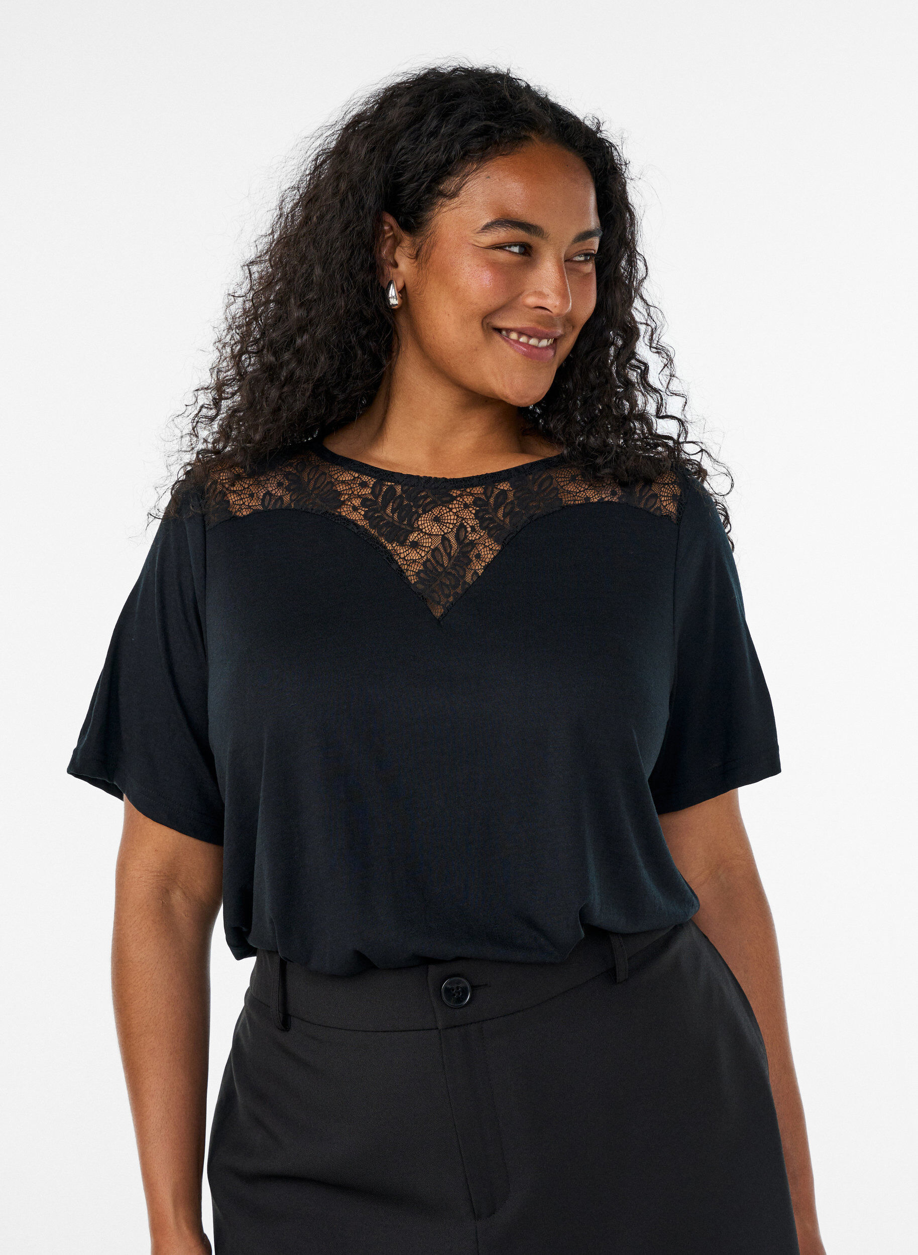 ZizzifashionBlouse with lace insert and balloon sleeves, Black, Model image number 0