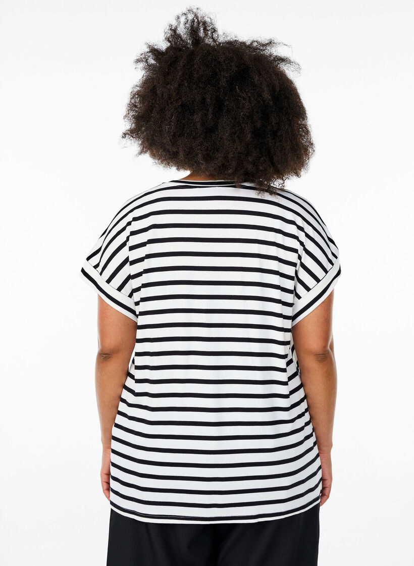 Striped T-shirt with V-neck, Black, Model image number 2