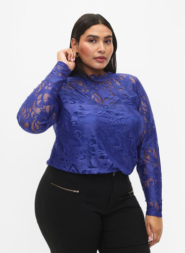 Long-sleeved lace blouse, Deep Ultramarine, Model image number 0