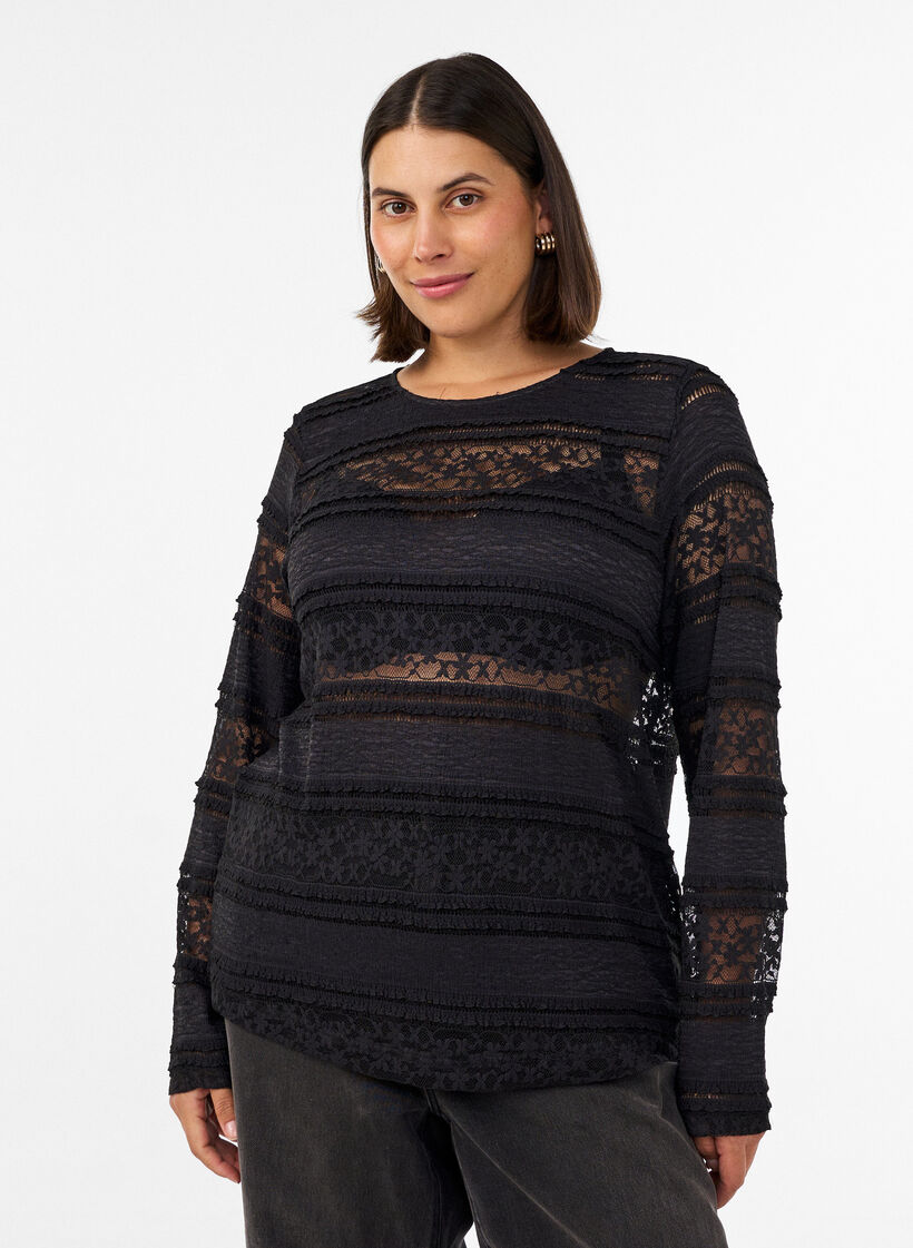 Lace blouse with long sleeves, Black, Model image number 0