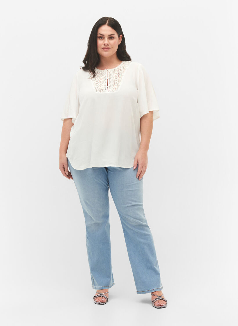 Viscose blouse with 1/2 sleeves and embroidery detail, Snow White, Model image number 2