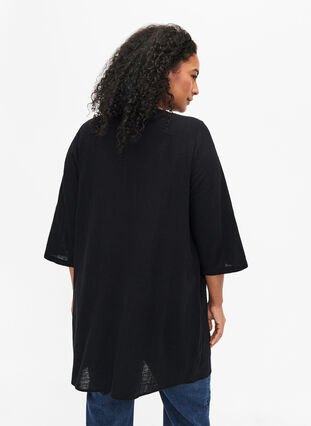 3/4 sleeve cotton blend tunic with linen, Black, Model image number 1