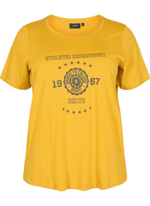 Short-sleeved cotton t-shirt with print, Harvest Gold, Packshot image number 0