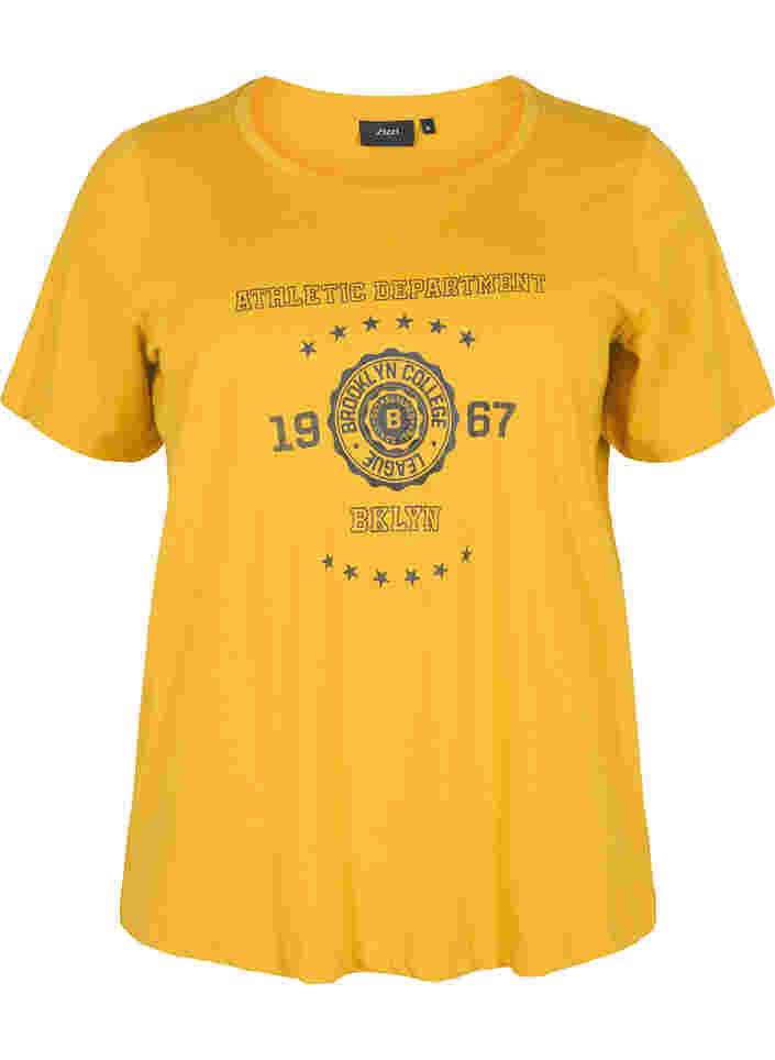 Short-sleeved cotton t-shirt with print, Harvest Gold, Packshot image number 0