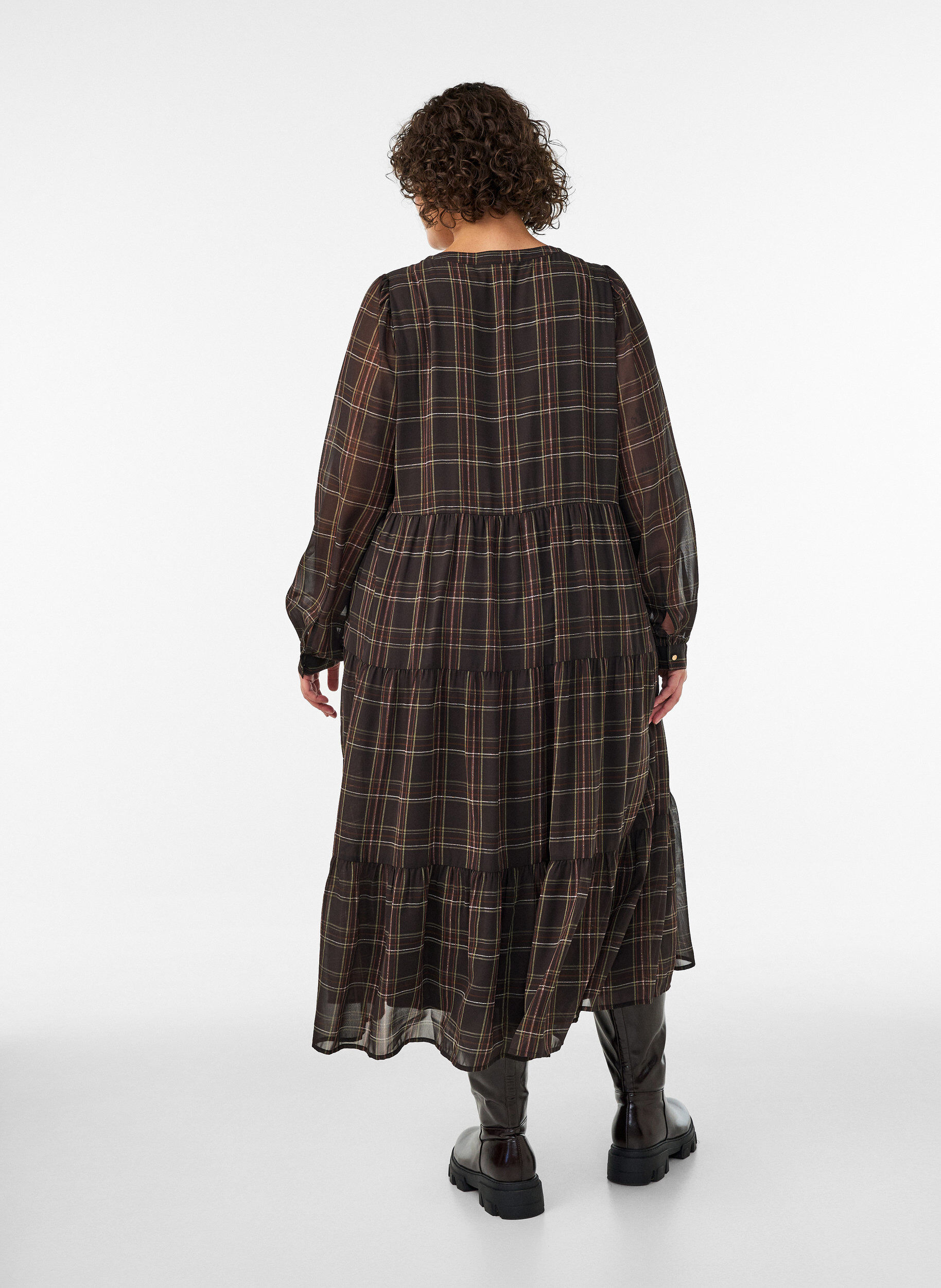 ZizzifashionChecked midi dress with a tiered skirt, Brown, Model image number 1
