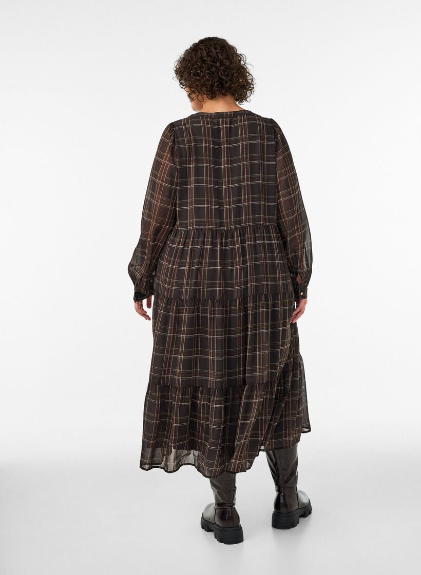 Checked midi dress with a tiered skirt, Brown, Model image number 1