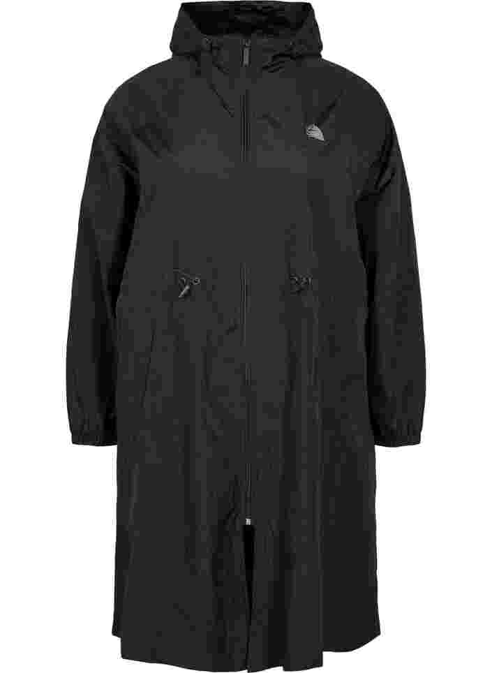 Long sports jacket with adjustable waist, Black, Packshot
