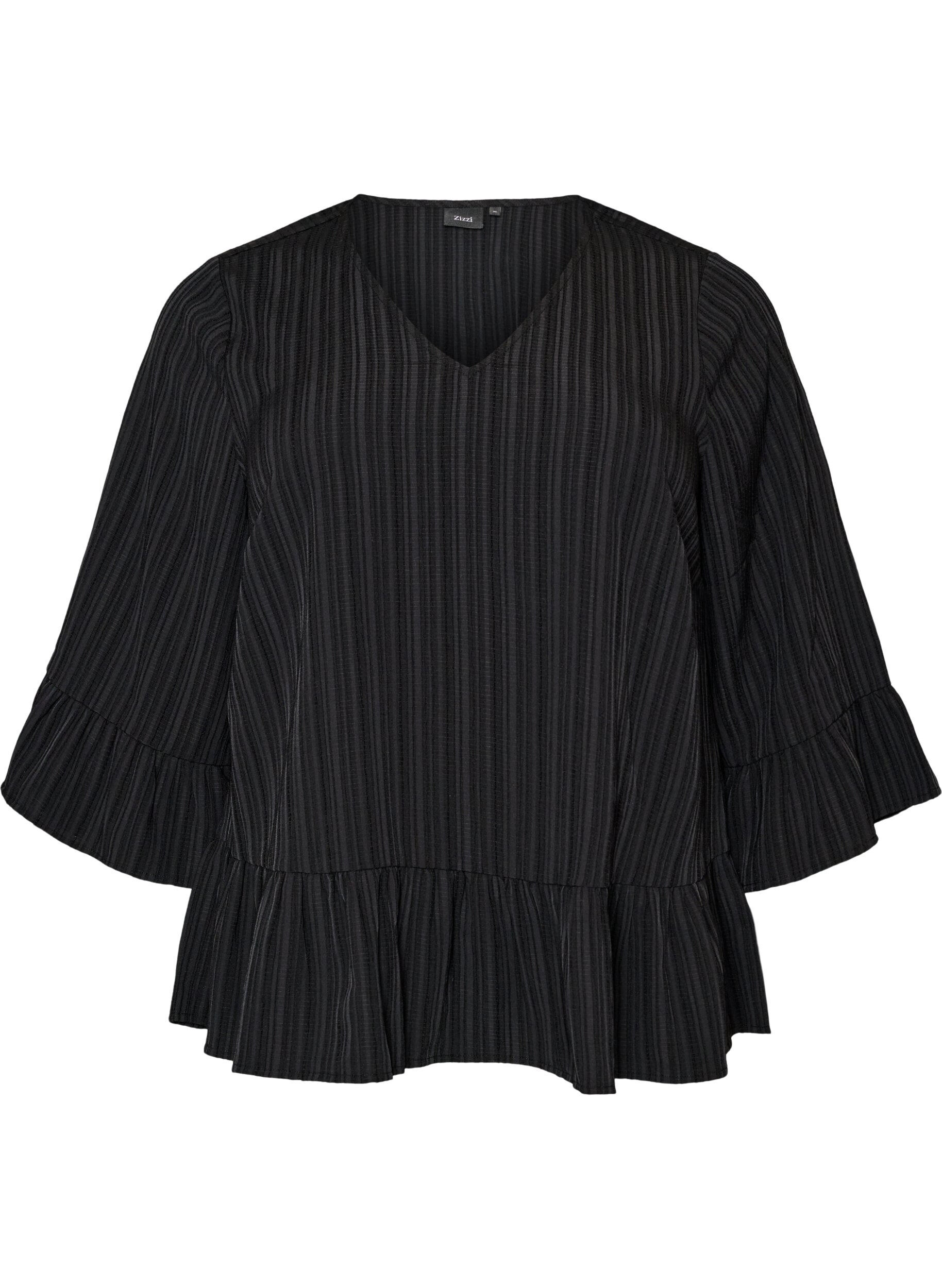 ZizzifashionBlouse with texture, V-neck and ruffles, Black, Packshot image number 0