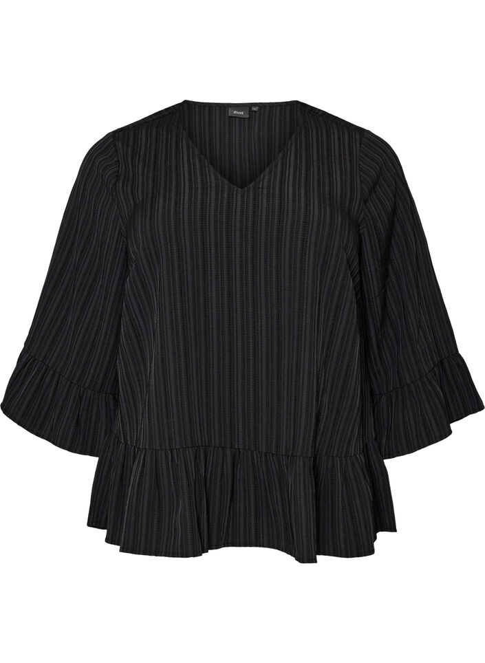 Blouse with texture, V-neck and ruffles, Black, Packshot image number 0