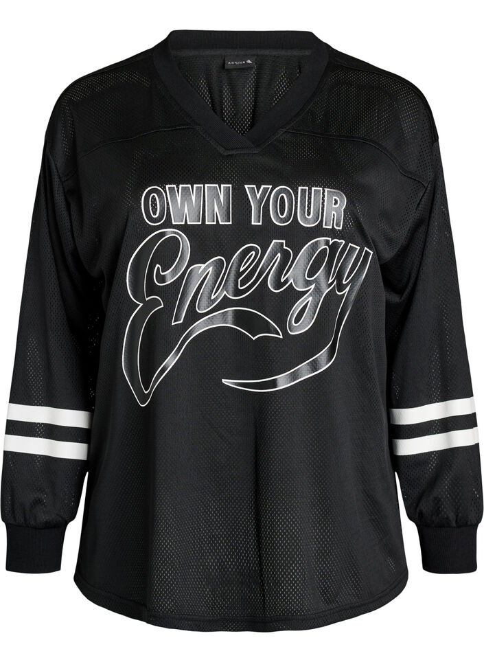 Sporty mesh top with text print, Black, Packshot image number 0