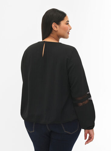 Long-sleeved blouse with lace, Black, Model image number 1