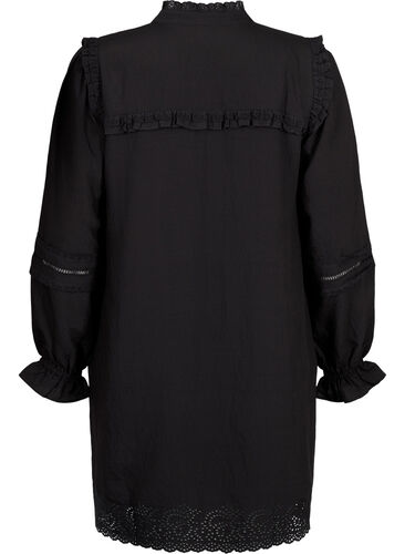 Viscose dress with broderie anglaise and ruffle details, Black, Packshot image number 1