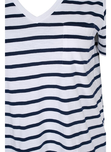 Striped cotton t-shirt with v-neckline, White Navy B Stripe, Packshot image number 2