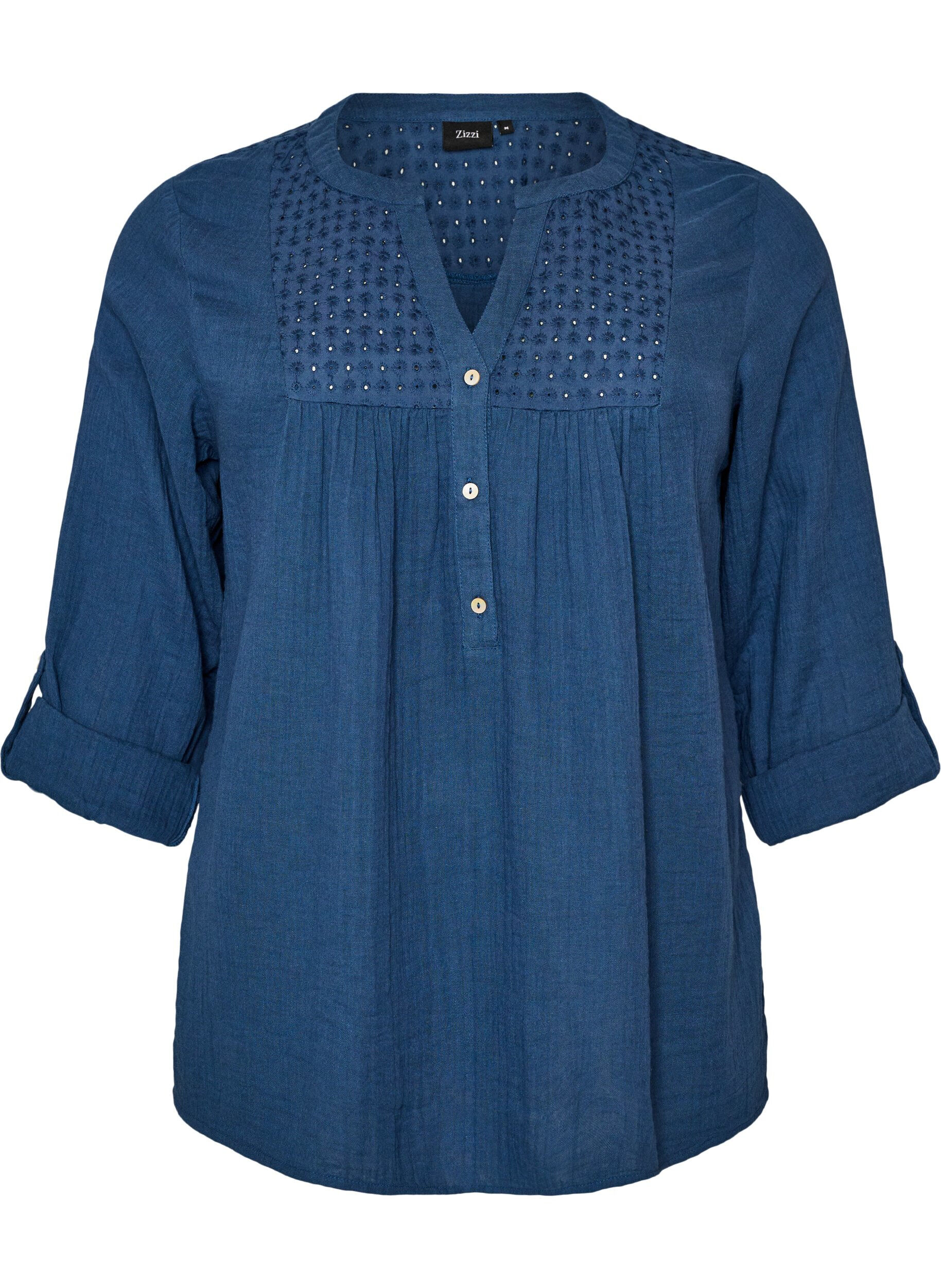 ZizzifashionBlouse in cotton muslin with broderie anglaise, Blue, Packshot image number 0
