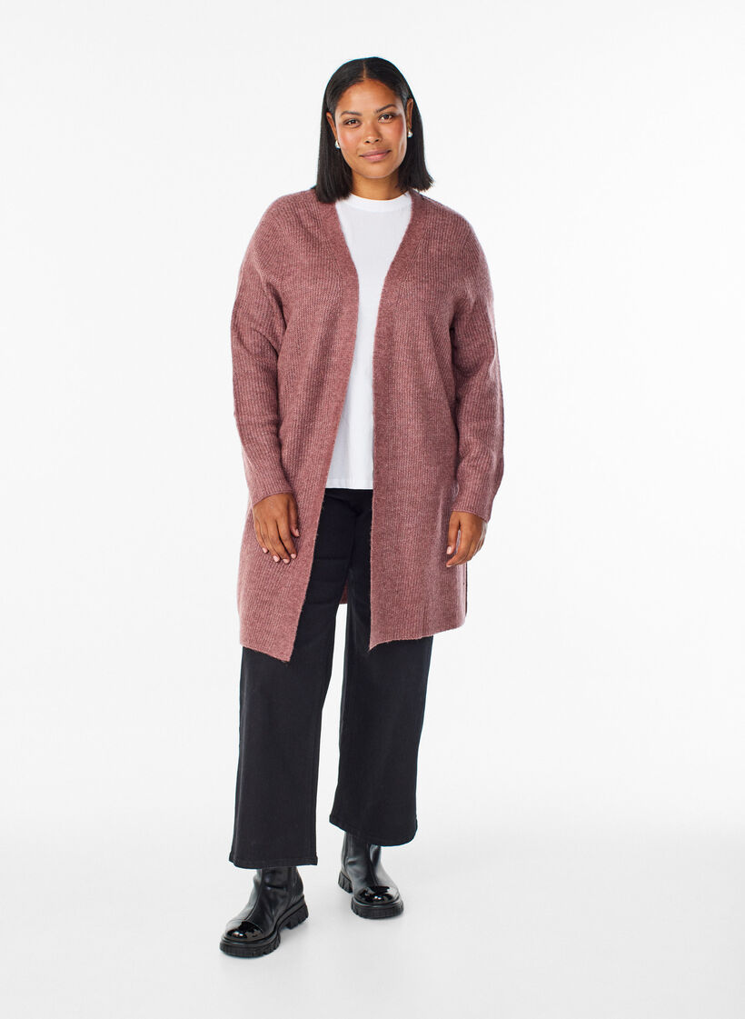 FLASH - Long ribbed cardigan with an open front, Rose, Model image number 1