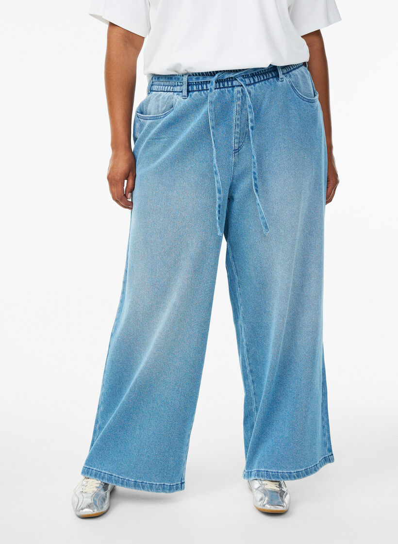 Loose-fit jeans with an elasticated waistband and a drawstring, Light Blue, Model image number 2